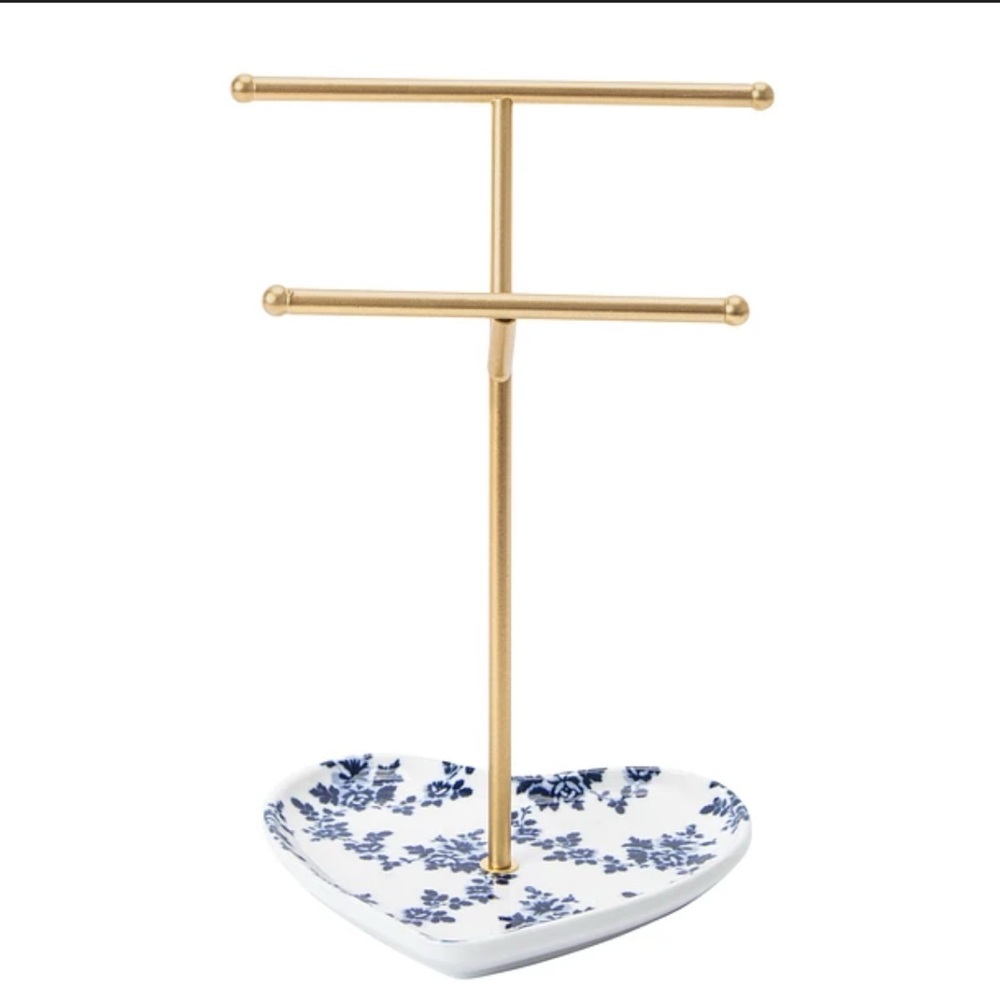 Gold T-Bar Jewelry Stand with Blue Floral Heart Dish